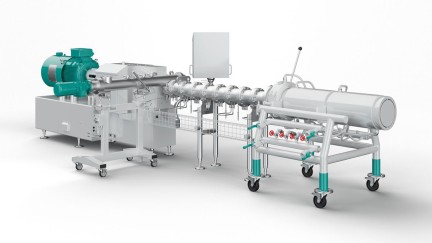 Bühler has increased the performance of its cooling die. In combination with an extruder, it now also produces wet-textured proteins on an industrial scale. Bühler has increased the performance of its cooling die. In combination with an extruder, it now also produces wet-textured proteins on an industrial scale.
