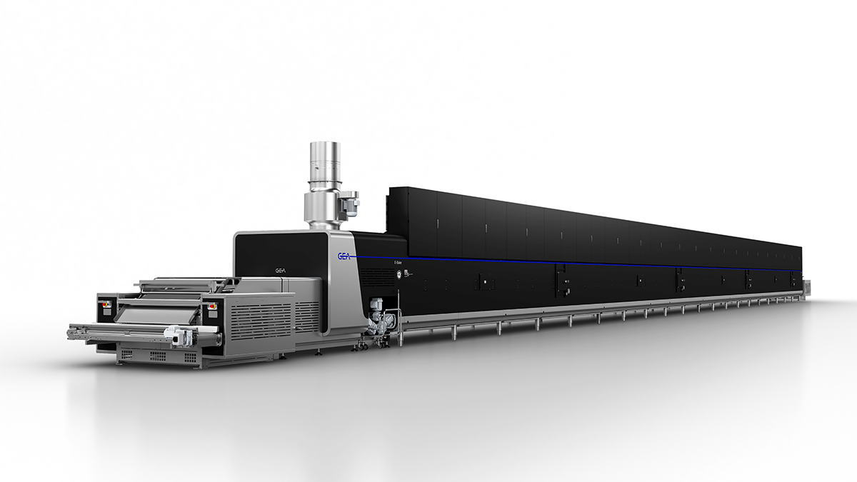 Eine lange, moderne Industriemaschine für die Verpackungs- oder Lebensmittelindustrie. Die Maschine ist groß, präzise konstruiert und zeichnet sich durch ein technisch orientiertes Design aus.
