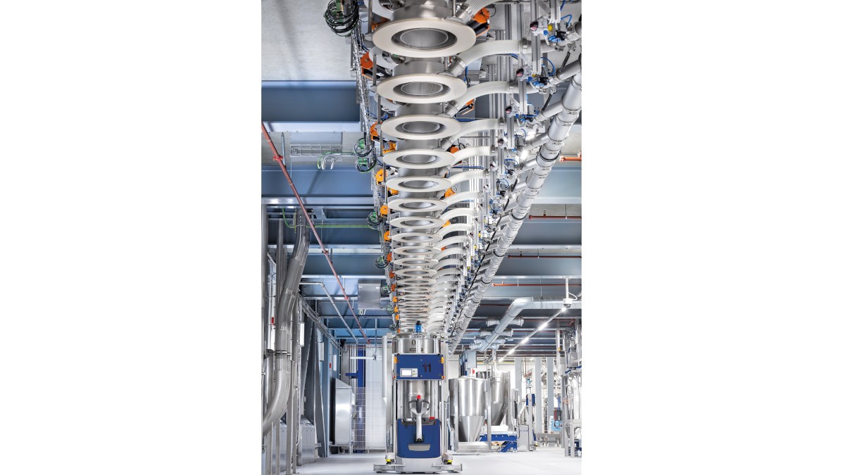 Fully-automated collection of the mixing components using automatically guided vehicles.