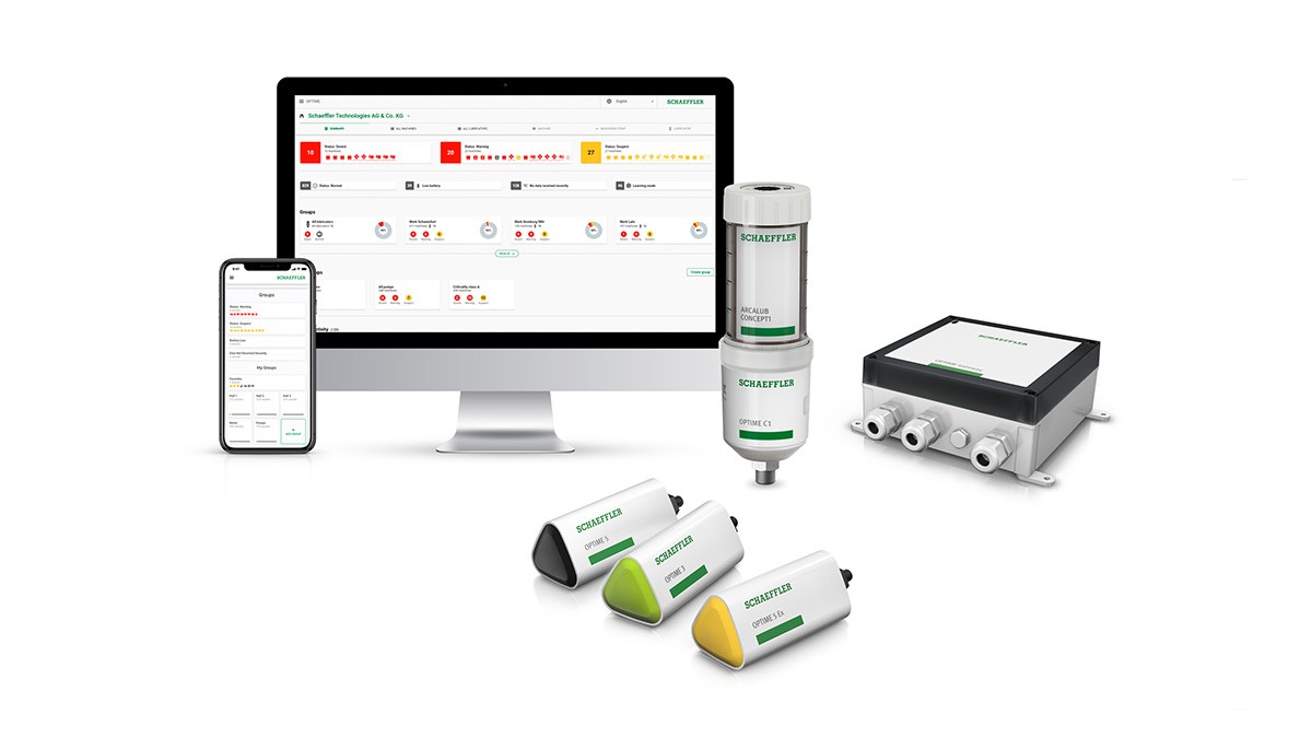 Copyright: ©Schaeffler Technologies OPTIME Ecosystem: Automatisierte Zustandsüberwachung von Antrieben, Aggre-gaten und Produktionslinien (OPTIME) sowie automatische Schmierung und Über-wachung (OPTIME C1). Damit lassen sich ungeplante Stillstände verhindern und Wartungskosten bei geringen Investitionen deutlich senken. Copyright: ©Schaeffler Technologies