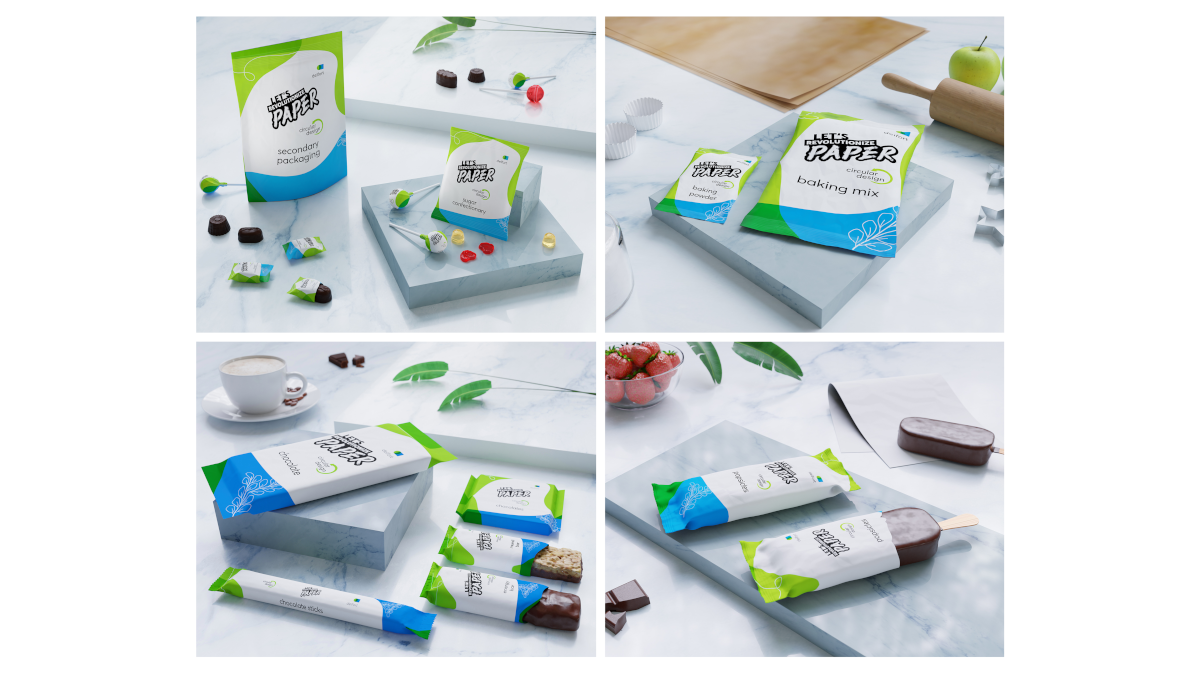 Packaging solutions made from delfort barrier papers – suitable for confectionery, chocolate, bars, baking powder, baking mixes and ice lollies. 