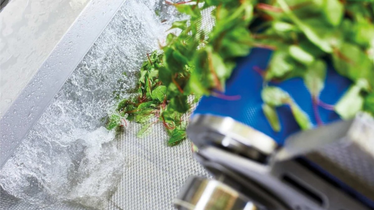 KRONEN's HEWA washing machines (Fig. HEWA 3800 with vibration discharge) for salad, vegetables, fruit, herbs, and other foods are optimized for hygiene and easy cleaning. The design ensures maximum hygiene