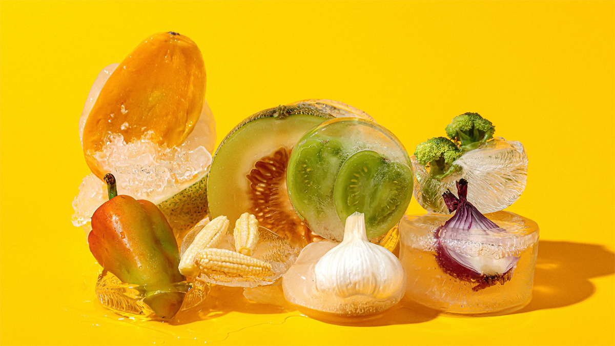 Frozen food covered with ice