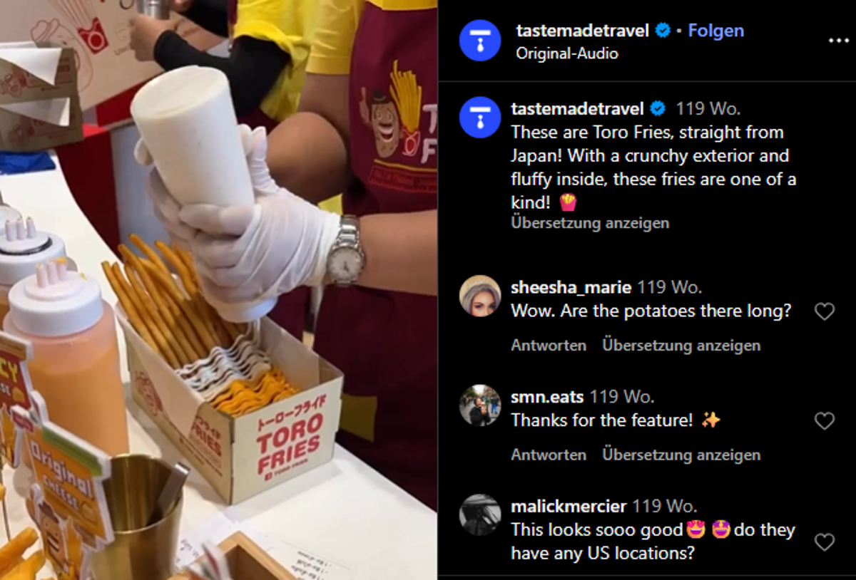 Screenshot eines Instagram-Beitrags von @tastemadetravel über Toro Fries 