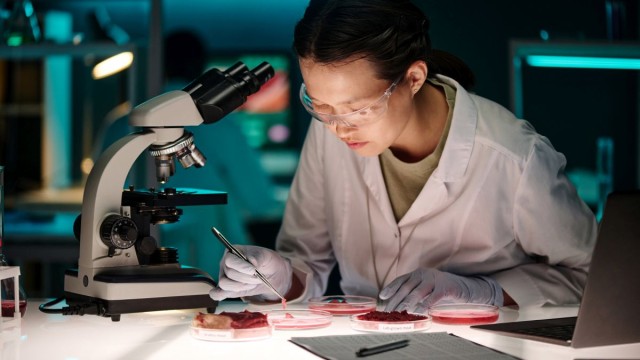 A scientist is taking a look on some materials under a microscope