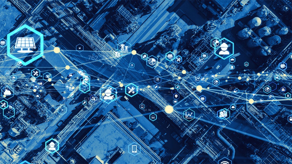 Digitally networked supply chain via industry plant as a symbolic image for challenges for procurement teams in the retail food sector.