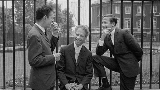 The artists John Cage, Merce Cunningham, and Robert Rauschenberg in 1964 at Sadler's Wells Theatre in London