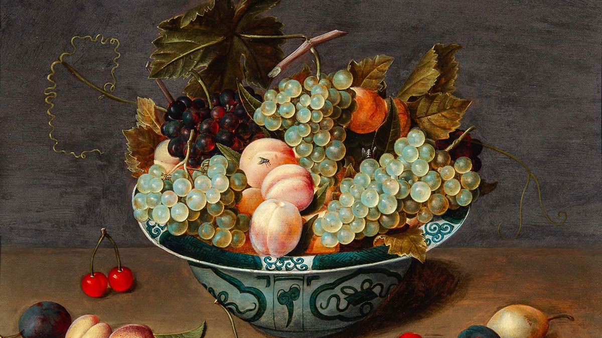 Isaak Soreau, A Still Life of Apricots and Grapes in a “Wan-li” porcelain Bowl, ca. 1620/1630 | Credit: courtesy Floris van Wanroij Fine Art Isaak Soreau, A Still Life of Apricots and Grapes in a “Wan-li” porcelain Bowl, ca. 1620/1630 | Credit: courtesy Floris van Wanroij Fine Art