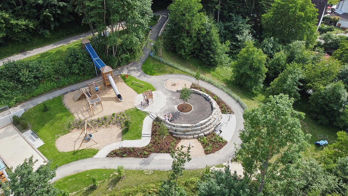 Cross-generational: Multi-generational playground at a senior citizens' residence near Nenningen - aerial view Cross-generational: Multi-generational playground at a senior citizens' residence near Nenningen - aerial view