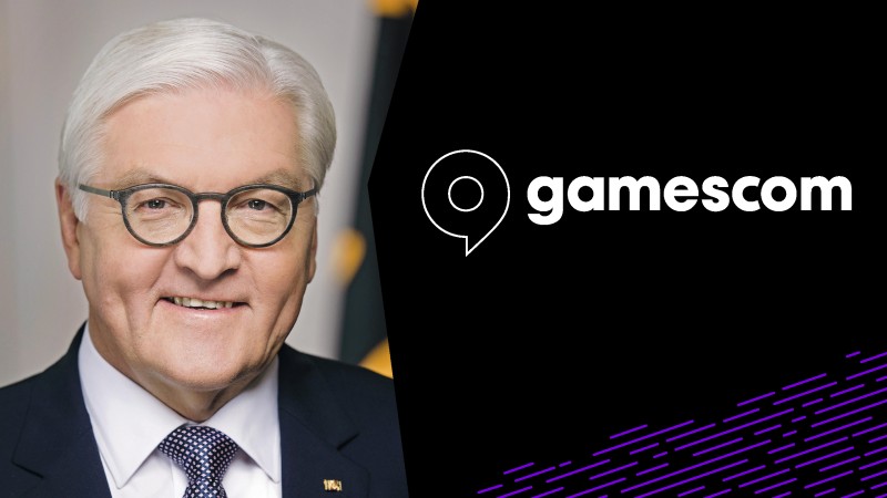 Federal President Frank-Walter Steinmeier in suit and tie against a black background with white gamescom logo and purple line pattern.