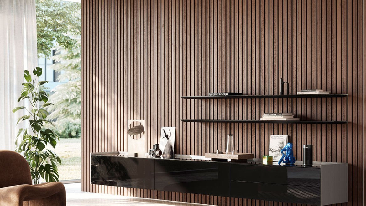Modern living room with vertical wood paneling, floating black sideboard, and minimalist wall shelves with decor items.