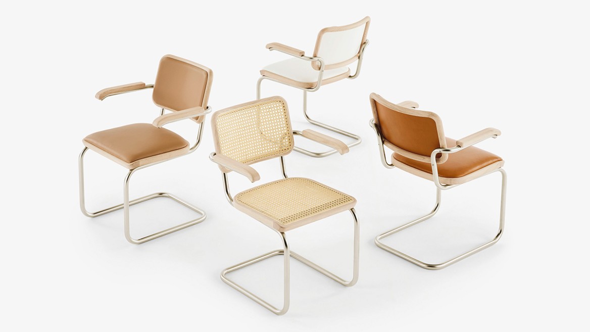 Vier moderne Freischwinger-Stühle in unterschiedlichen Beige- und Braun-Tönen auf weißem Hintergrund.