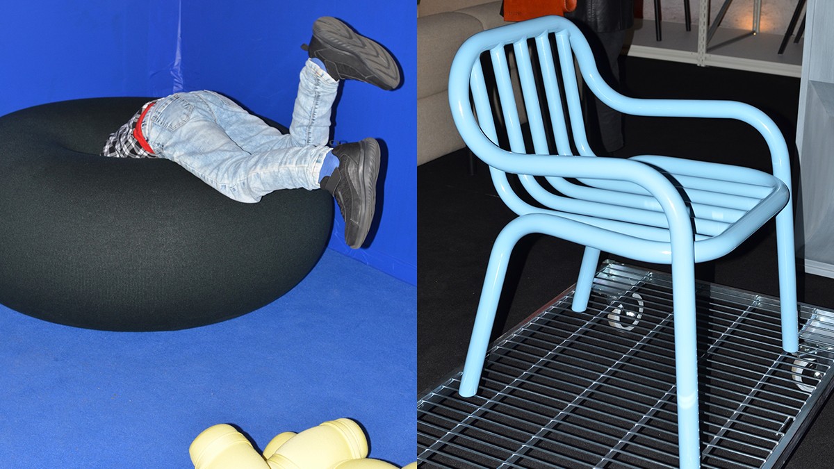 Assembly exhibition at Machwerkhaus Köln. Left: Boa Pouf by Hem, designed by Sabine Marcelis. Right: IN & OUT Chair by Bottone, designed by Artur De Menezes and Daniele Luciano Ferrazzano. Photos: Daniele Luciano Ferrazzano, Studio DLF.