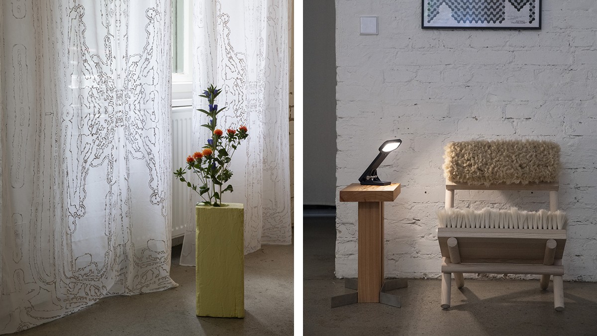 Left: Vase with flowers in front of a decorative curtain. Right: Designer chair with a fluffy backrest next to a minimalist side table with a lamp.