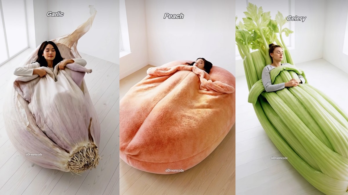 AI-generated beds resembling garlic, peach, and celery.