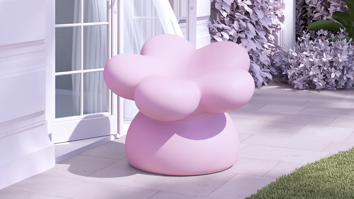 Pink flower-shaped armchair on a bright terrace in front of a glass door and plants.