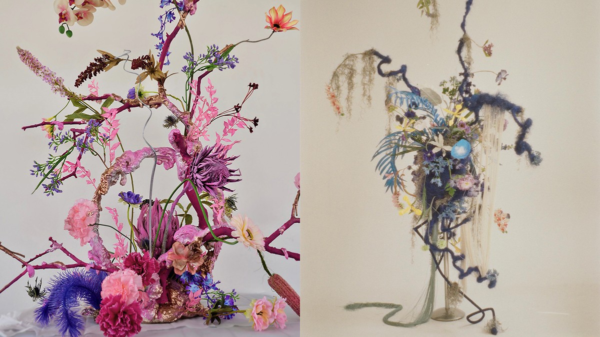 Left: Floral arrangement with pink blossoms and branching stems. Right: Sculptural floral arrangement with hanging plants and twisting branches.