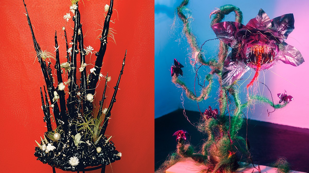 Left: Arrangement of dark branches, dried plants, and small blossoms against a red background. Right: Experimental floral installation with a large blossom and moss-like tendrils.