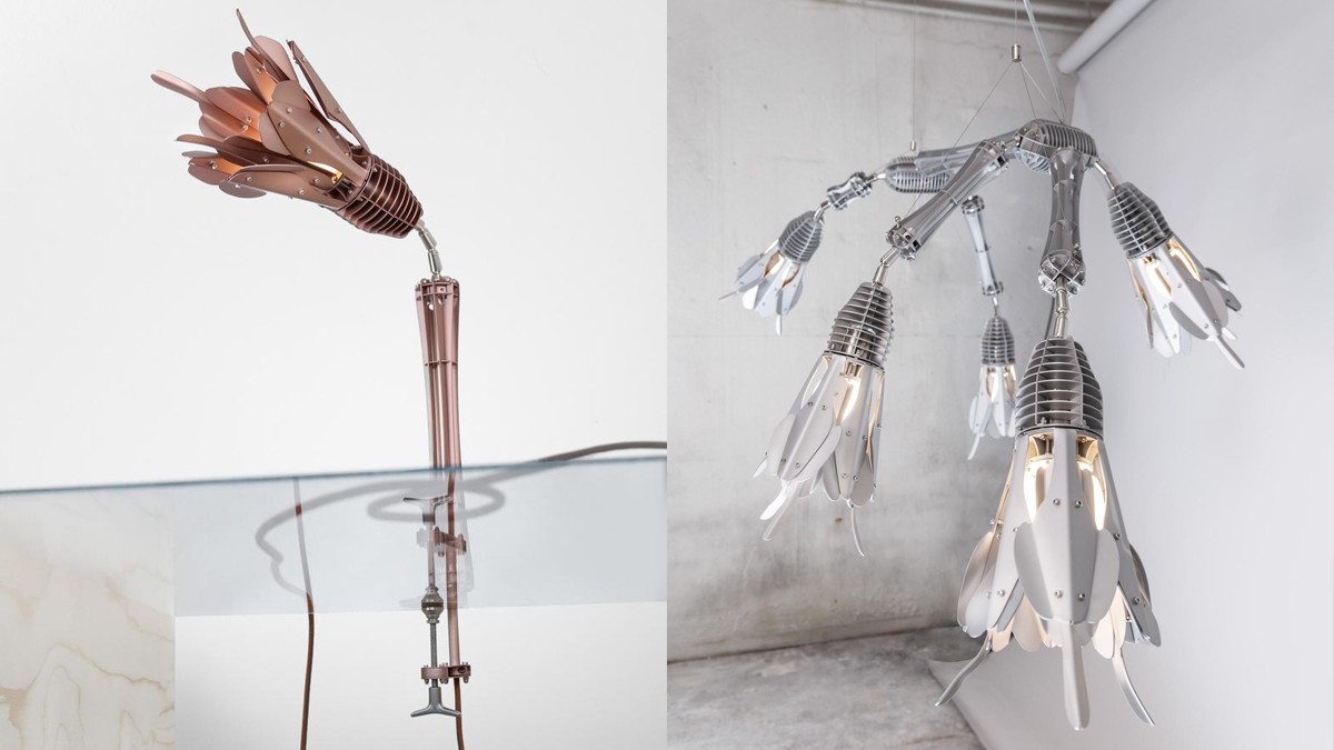 Left: Table lamp with a flower-shaped metal shade on a slender stand. Right: Sculptural pendant light with multiple flower-like metal shades.