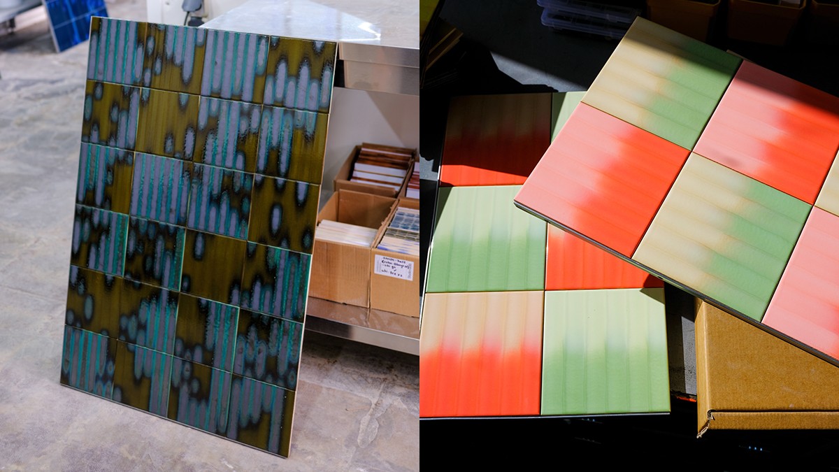 Left: Sample tiles with organic multicolored gradient patterns. Right: Square ceramic tiles with soft color gradients in red, green, and cream