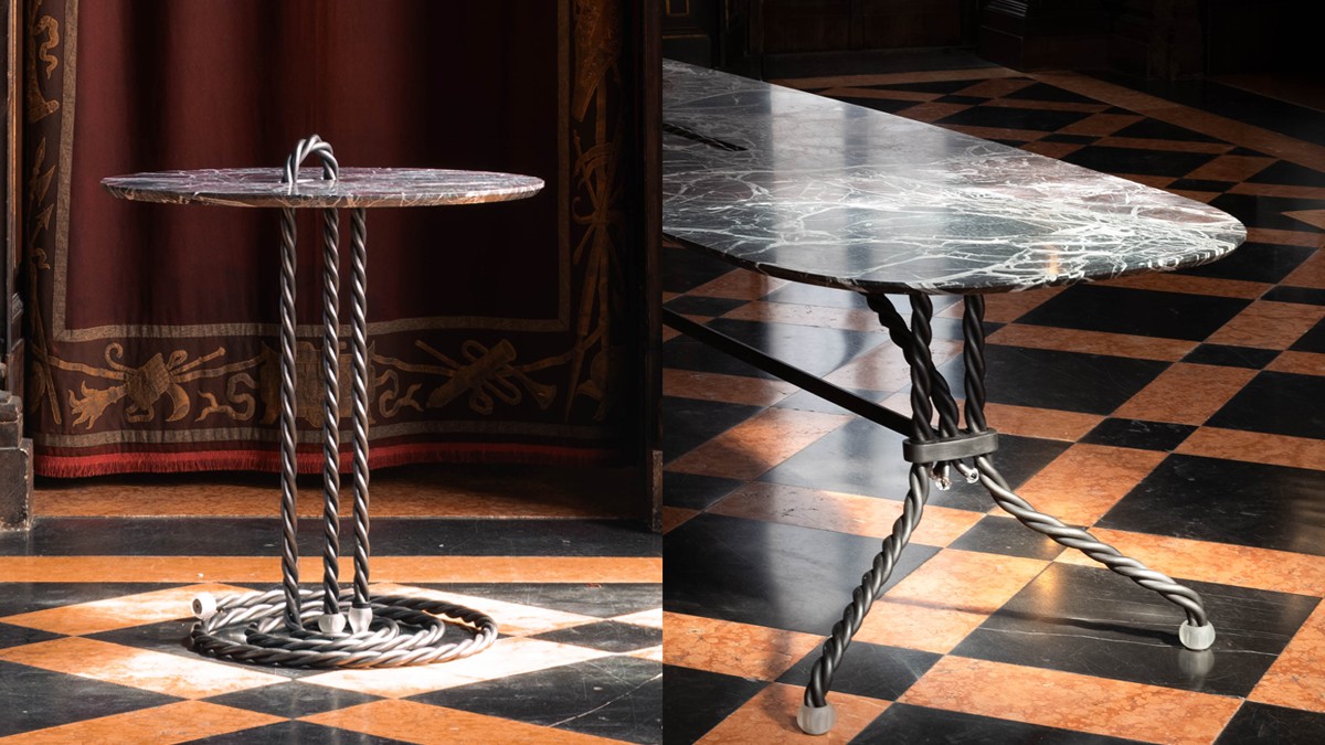 The Side Table and Brasserie Table from Haydn van Werp’s “Tresse” series on a patterned floor.