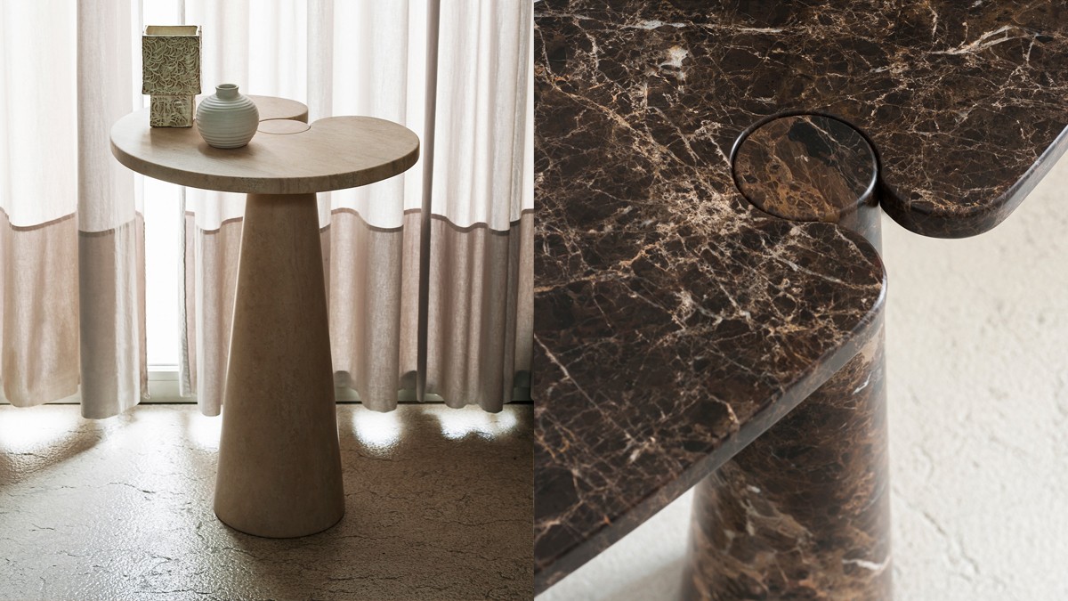 Side table from Angelo Mangiarotti’s “Eros” series with round top and marble detail.