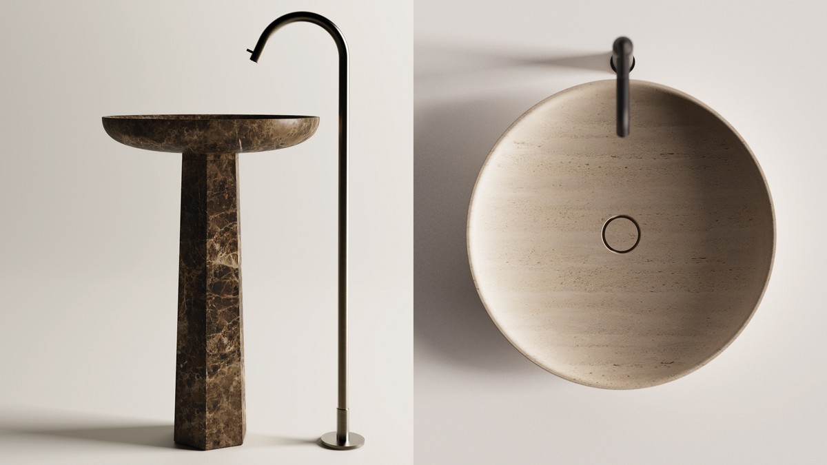Marble washbasin from Agape’s “Sessentà” series with slim black faucet.