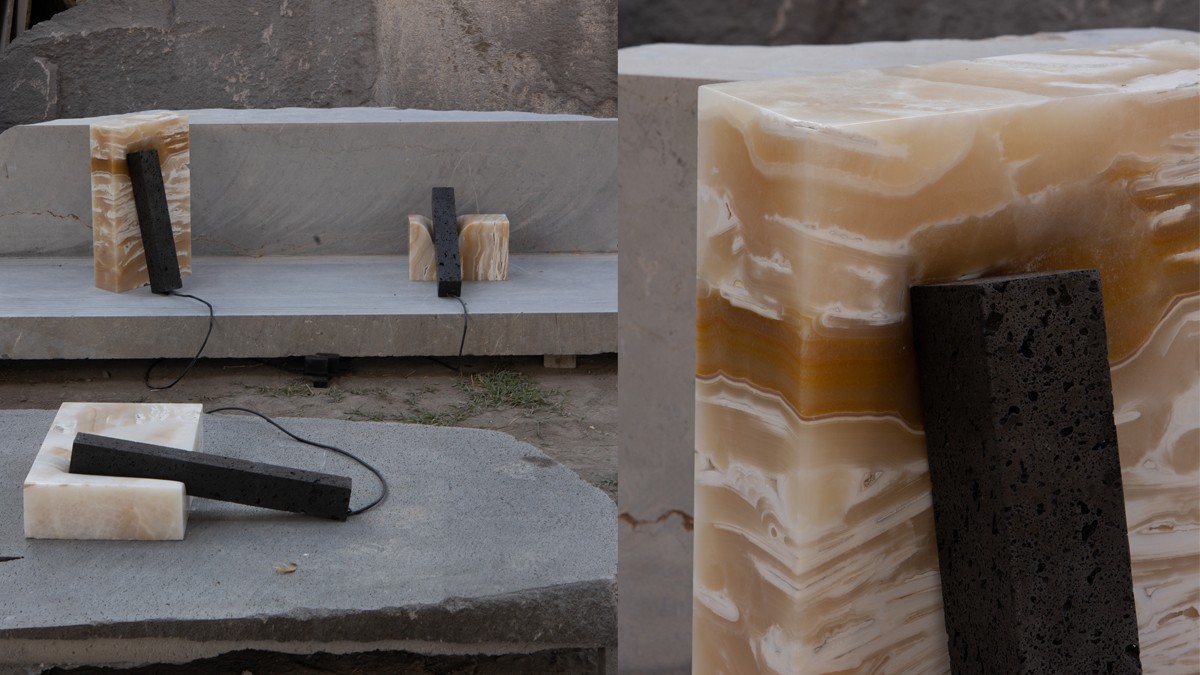 “Viscoelastic Stone” lighting series made of marble and black lava stone by Studio Mut.