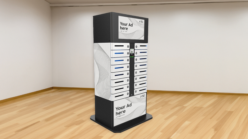 Power Package charging station with several compartments and advertising space at the top and bottom, ready for sponsorship adverts