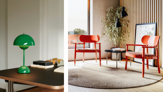 Lampe von &Tradition in grün und Stühle von Thonet in Orange