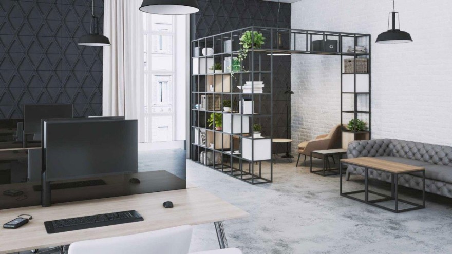 Large office with a couch and shelves as room dividers Large office with a couch and shelves as room dividers