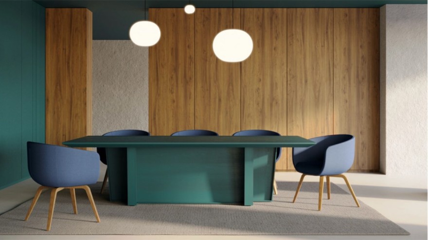 Cosy office with a green conference table with blue chairs Cosy office with a green conference table with blue chairs