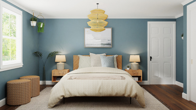 Schlafzimmer-mit-naturfarbenen-Accessoires-und-pastellblauer-Wand Schlafzimmer mit naturfarbenen Accessoires und pastellblauer Wand