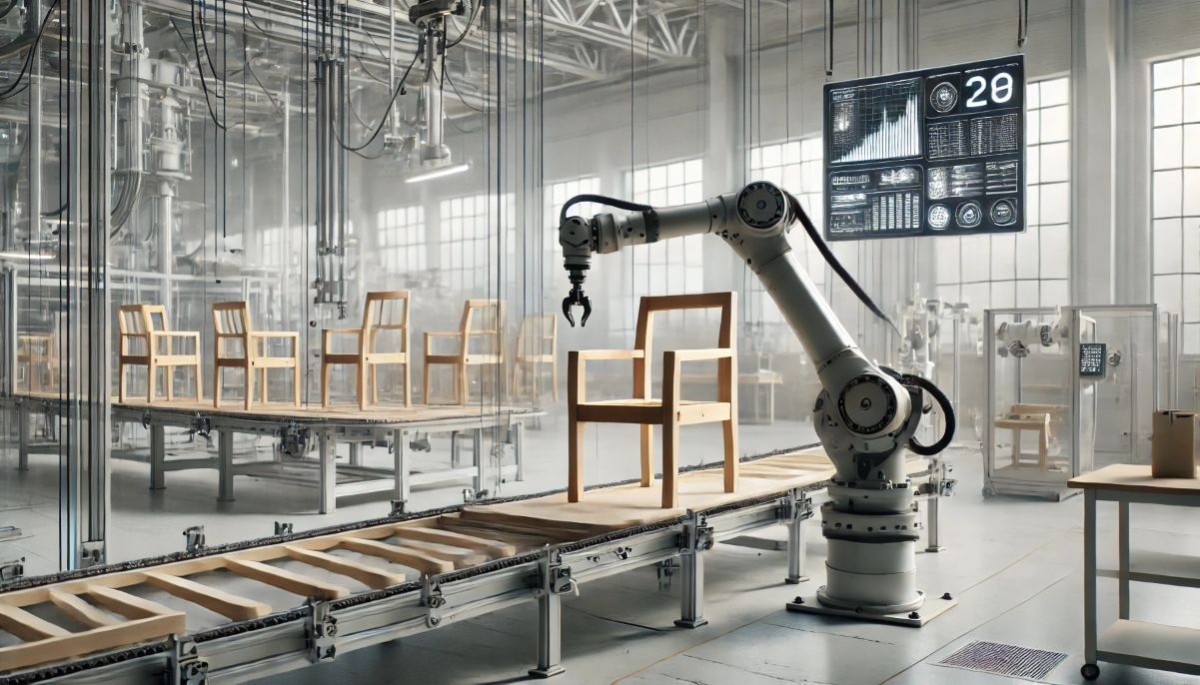 A modern production area with a robotic arm handling wooden chairs on a conveyor belt. In the background, more chairs and industrial machinery are visible. A digital display with data and charts is mounted on the wall.
