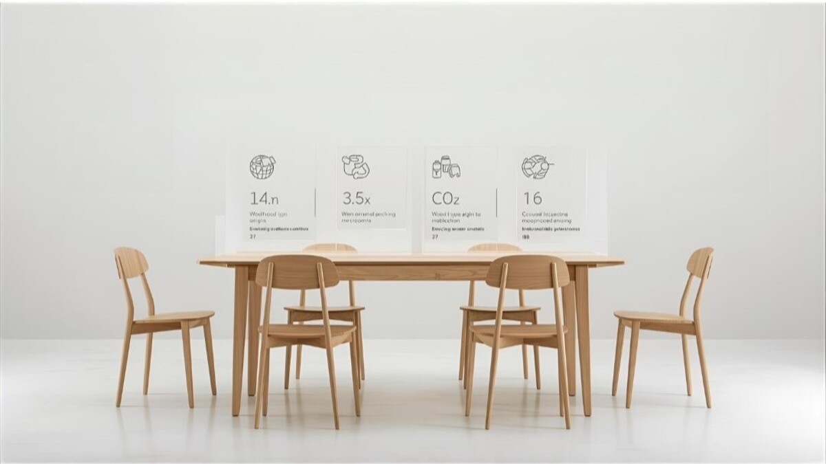 A minimalist design featuring a wooden table and four wooden chairs. Behind the table are transparent panels displaying information: 14 m² of forest area, 3.5x usage duration, CO₂ emissions, and 16 process steps. Text highlights the digital product passport.