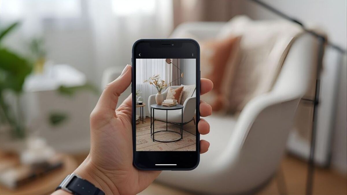 A hand holding a smartphone displaying an image of a living room with an armchair and a side table.