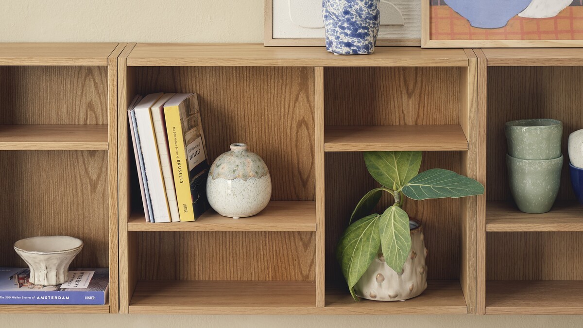 An open wooden shelf with books, ceramic vases, plants, and decorative items.