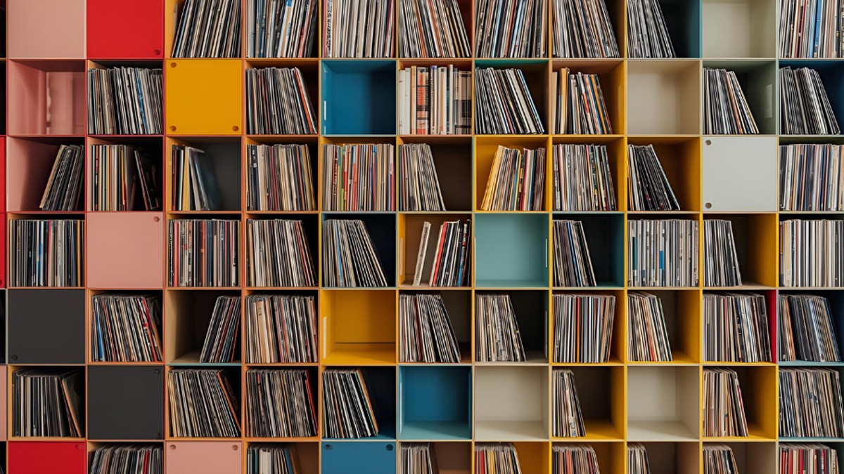 Shelve with long-playing records