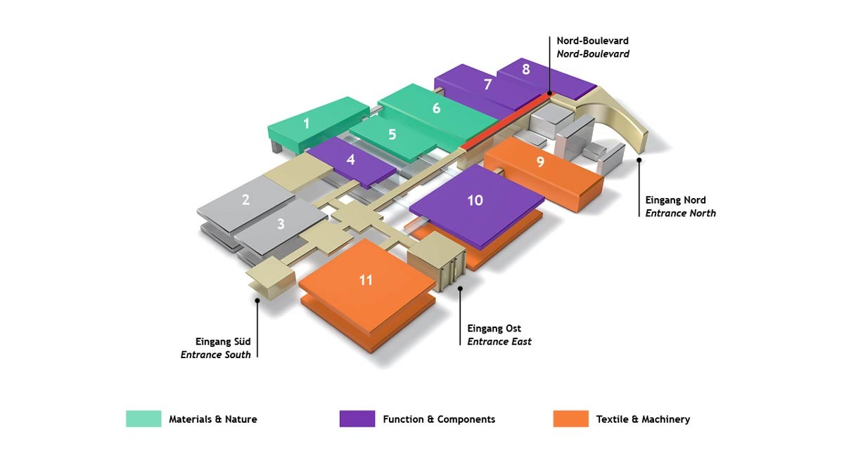 Hallenplan der interzum 2023 mit hervorgehobener Markierung des Nord-Boulevards Hallenplan der interzum 2023 mit hervorgehobener Markierung des Nord-Boulevards