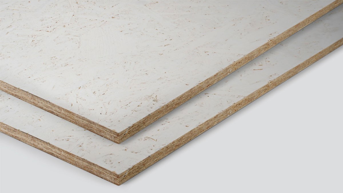 Two coated wood-based panels with visible particle structure in cross-section.