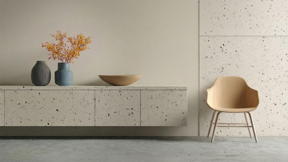 Minimalist interior with sideboard, vase, and wooden chair against a textured wall.