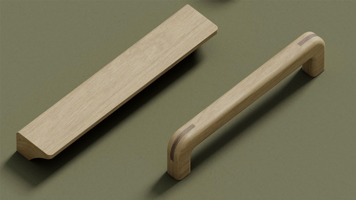 Two minimalist wooden furniture handles on a green background.