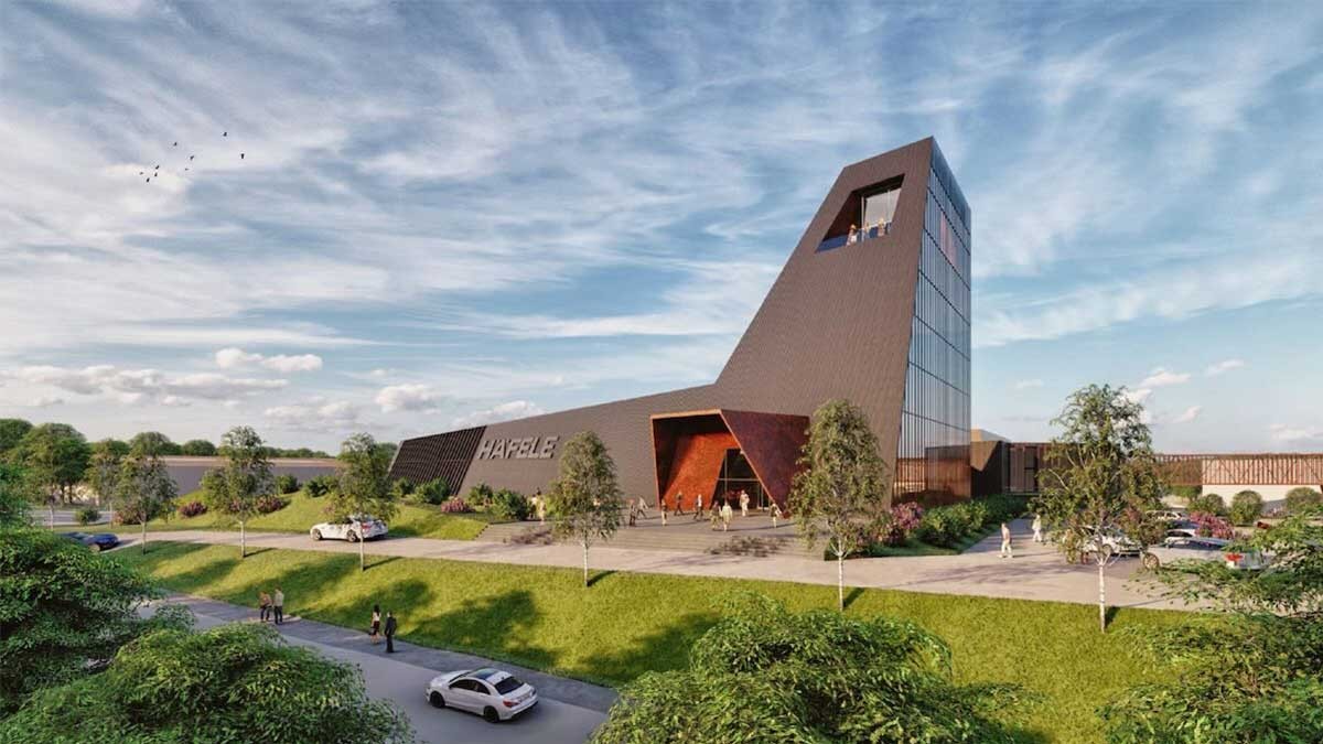 Architectural rendering of a modern logistics and production complex for the supplier industry with sustainable design