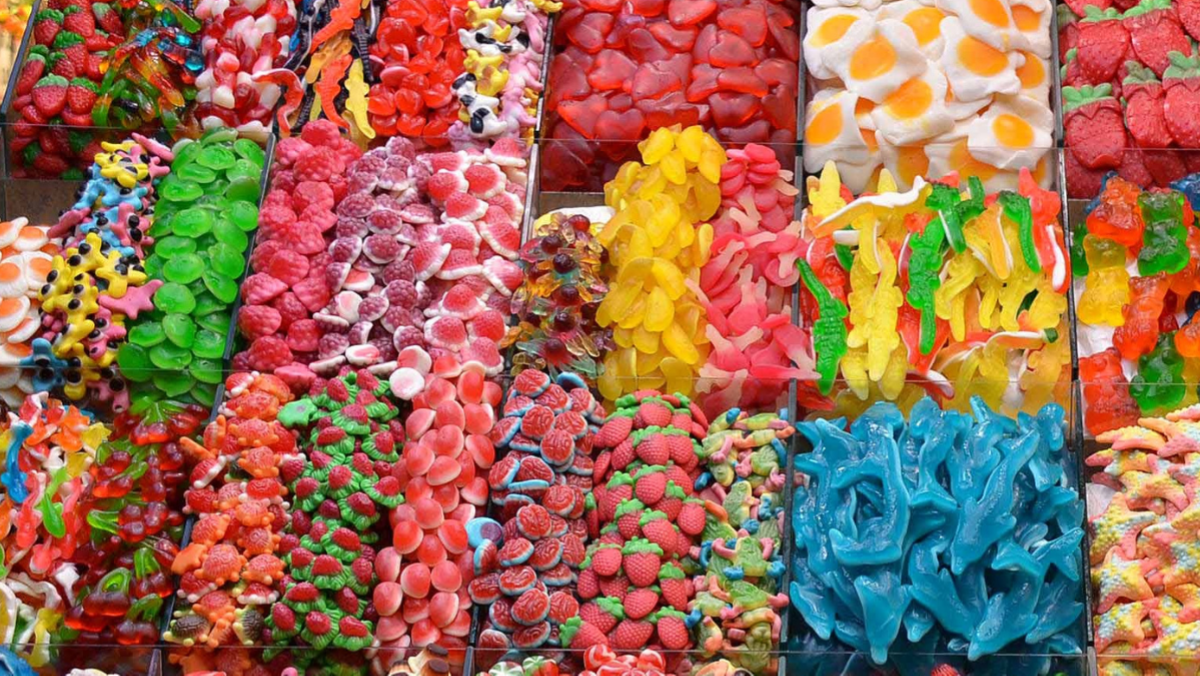 Display of colourful candies, fruit gums and innovative sweets as an example of sweets trends