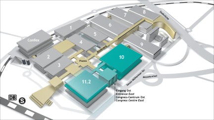 Hallenplan mit den türkis gekennzeichneten Hallen 10 und 11 sowie dem Hinweis auf den Eingang Ost