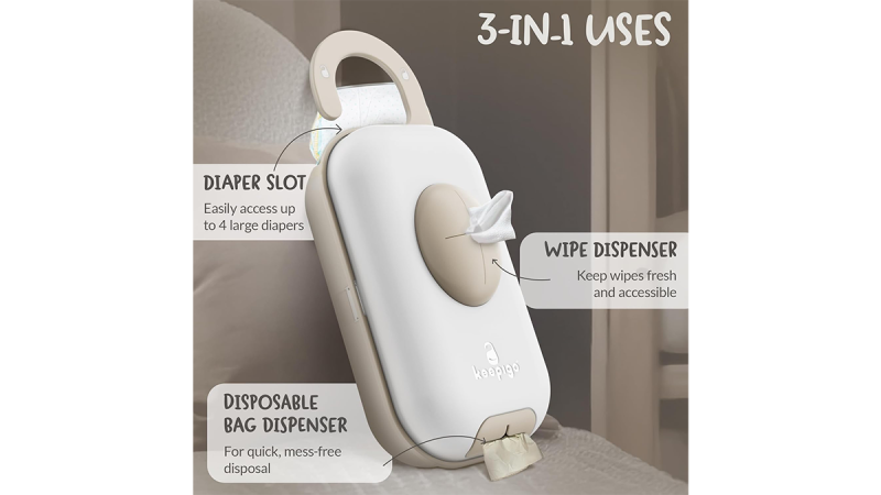Keepigo 3-in-1 baby changing station with diaper slot for up to 4 diapers, wipe dispenser, and disposable bag dispenser