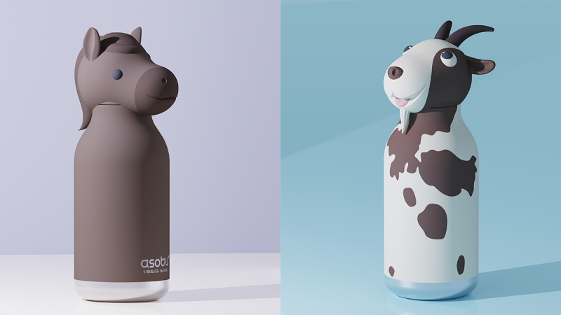 Two animal-shaped water bottles side by side, one resembling a brown horse and the other a black and white goat, both with rounded features