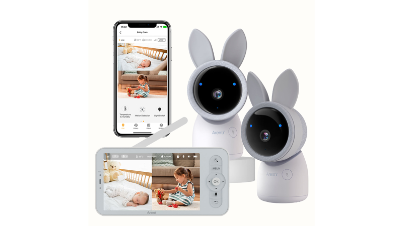 Two Aremti baby monitor cameras with bunny ears and a smartphone and handheld monitor displaying live video of a baby and toddler in a nursery.