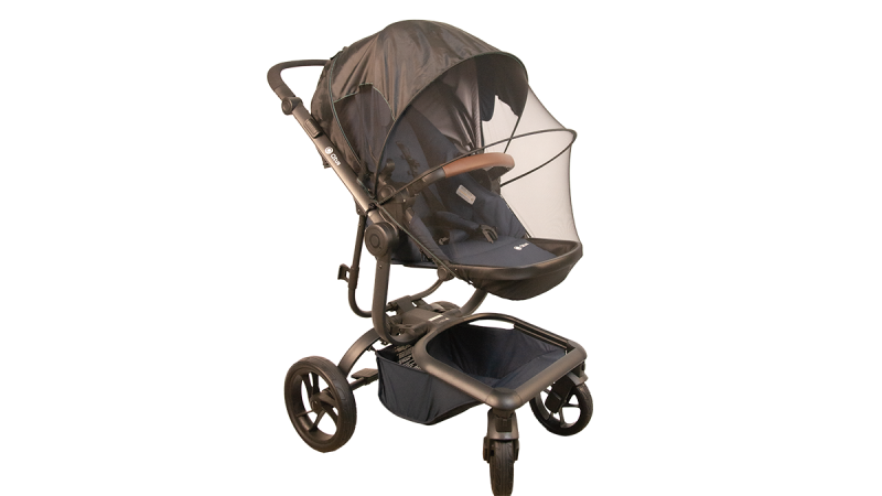 Ezi Stroller with canopy and mesh cover, three wheels, storage basket underneath, designed for infant Transport.
