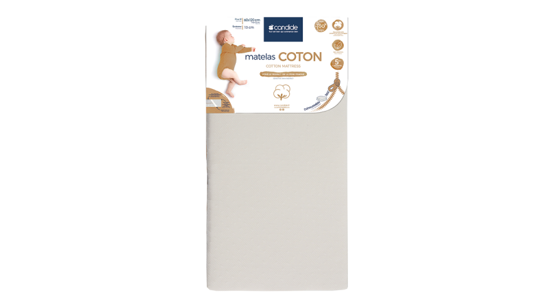 Cotton mattress by Candide with Innovation Award 2025 label, showing baby sleeping on side and product features